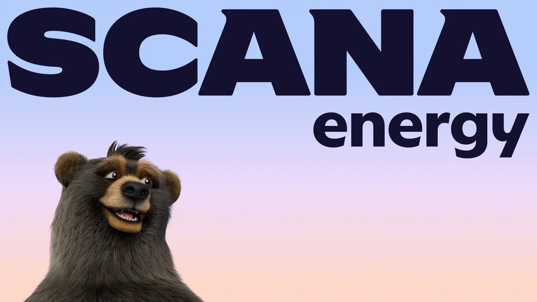 SCANA Energy 字标、熊角色与柔和渐变共同呈现品牌主视觉。