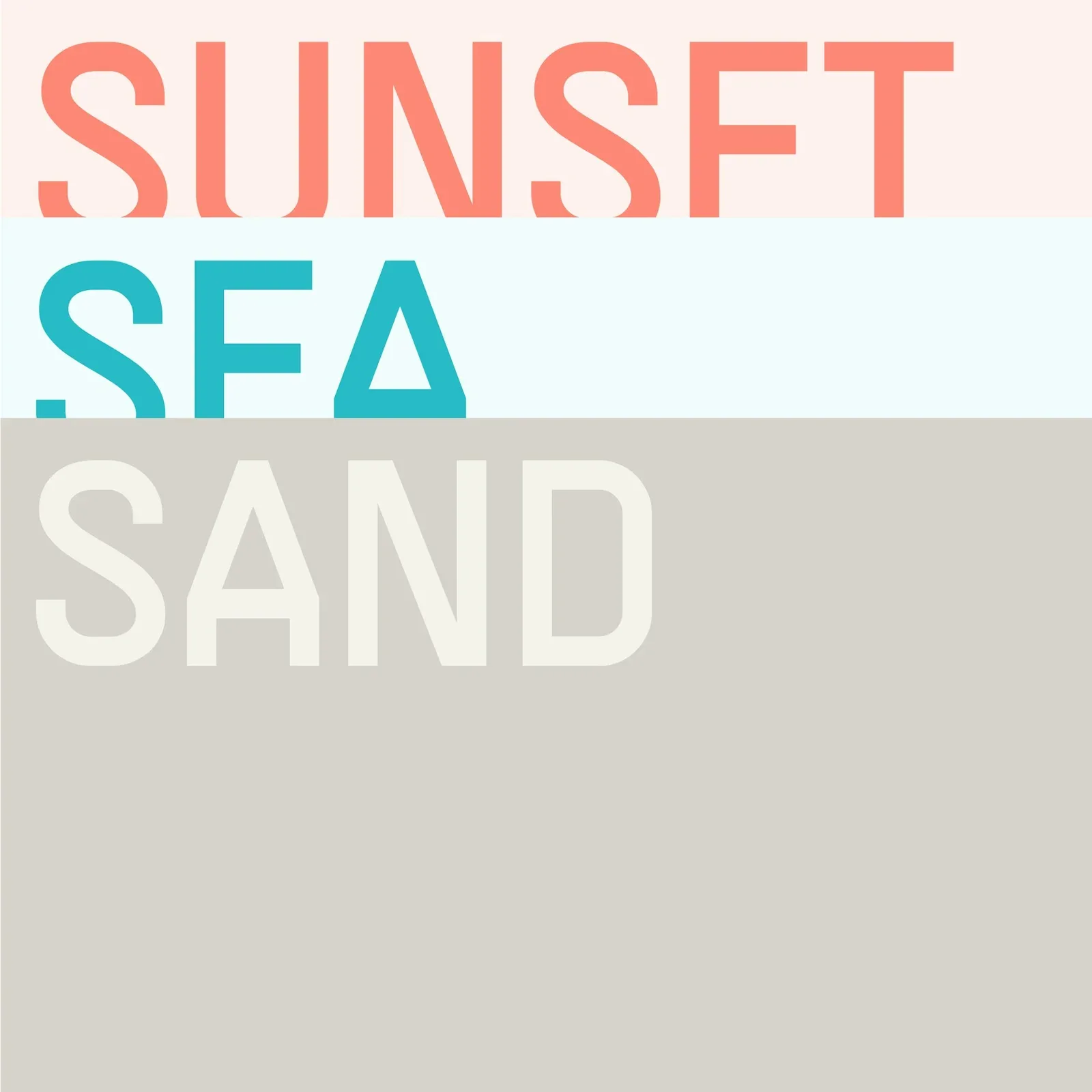 写有Sunset Sea Sand的粉色浅蓝与沙色品牌色卡