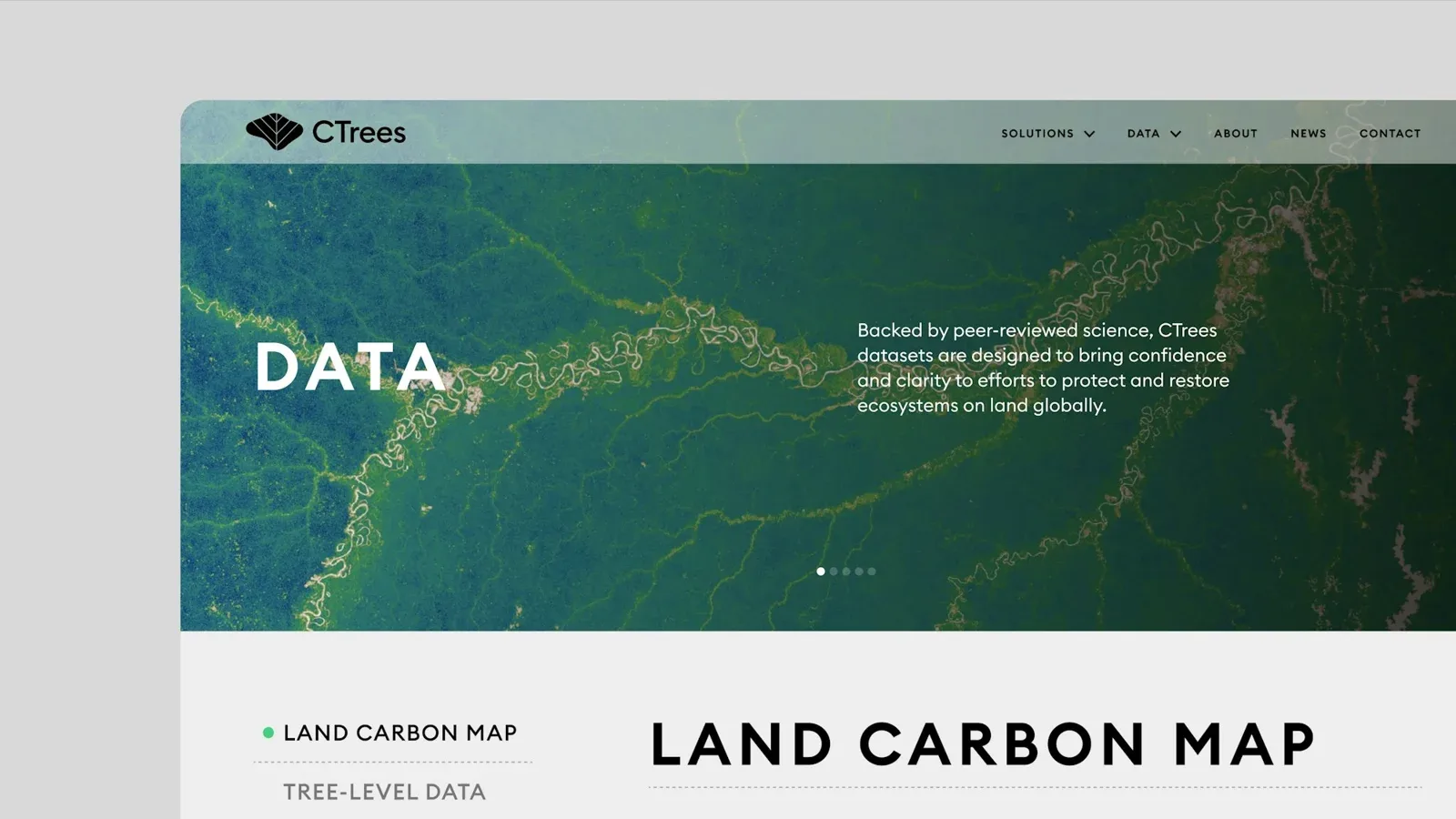 CTrees网站页面以森林地图为横幅，并展示Land Carbon Map标题。