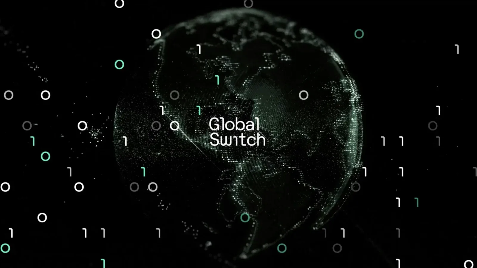 黑色背景上的地球网络图和Global Switch字样，周围分布节点与数字。