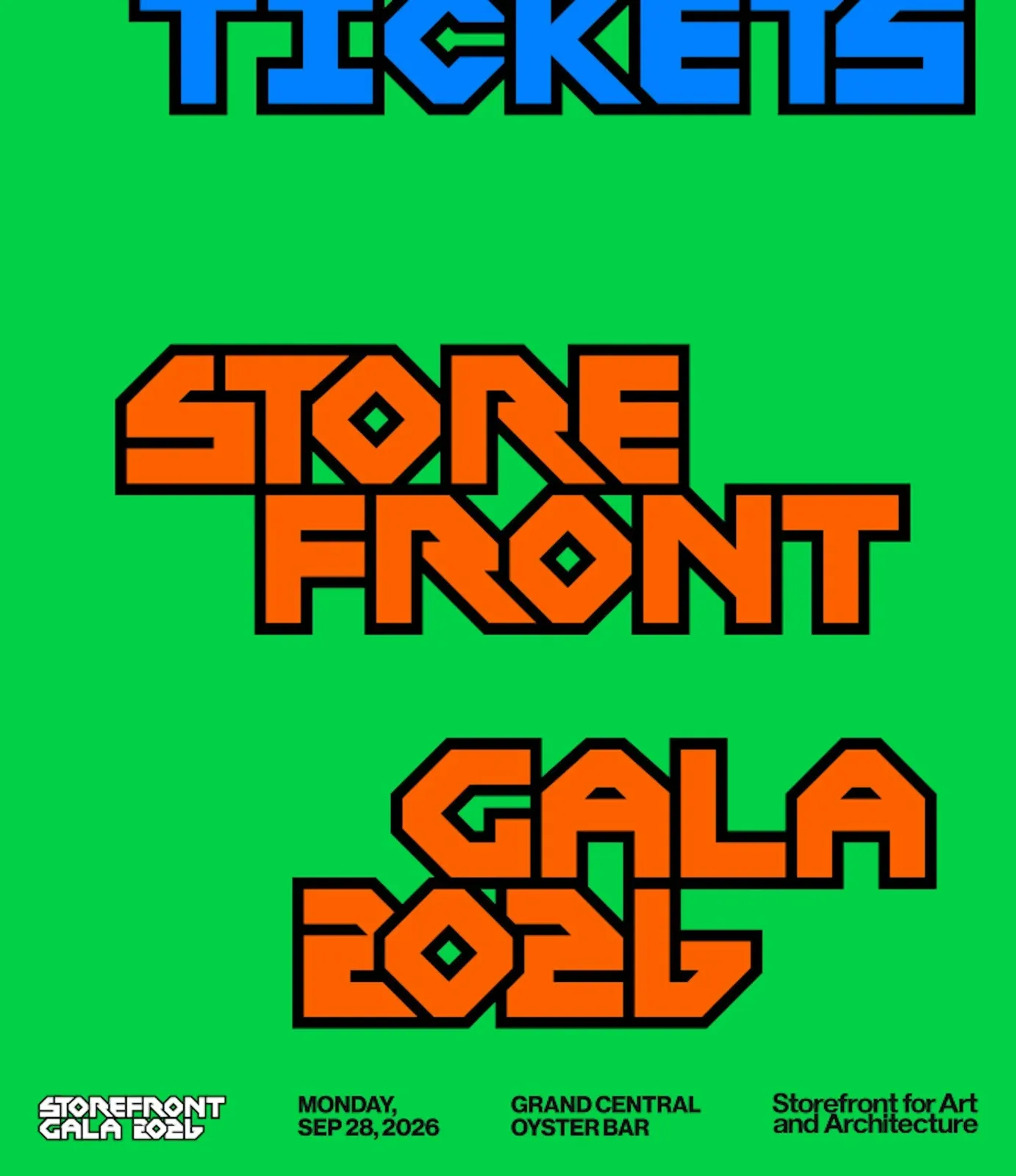 绿色背景上排列的Storefront Gala标题与购票信息