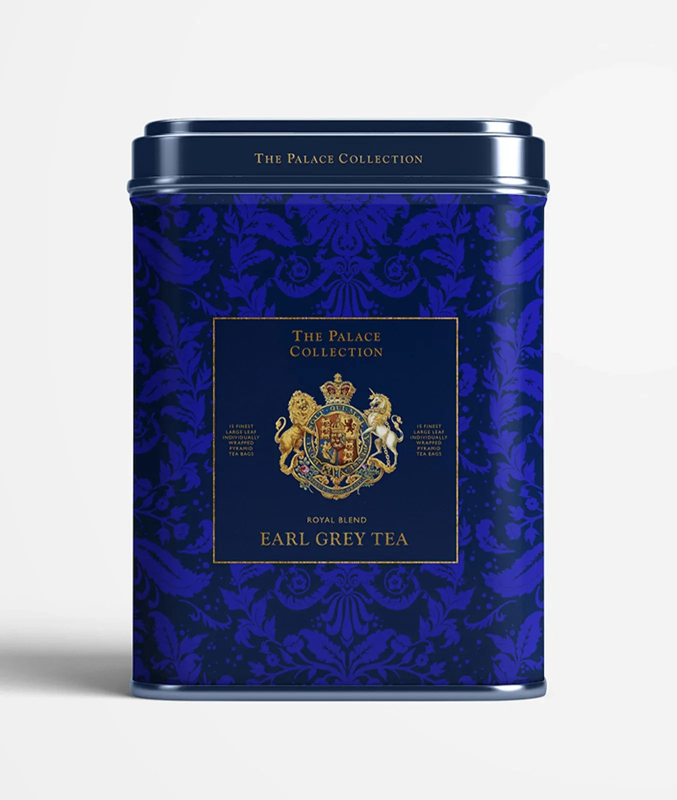 蓝色花纹金属茶罐标注The Palace Collection Earl Grey Tea。