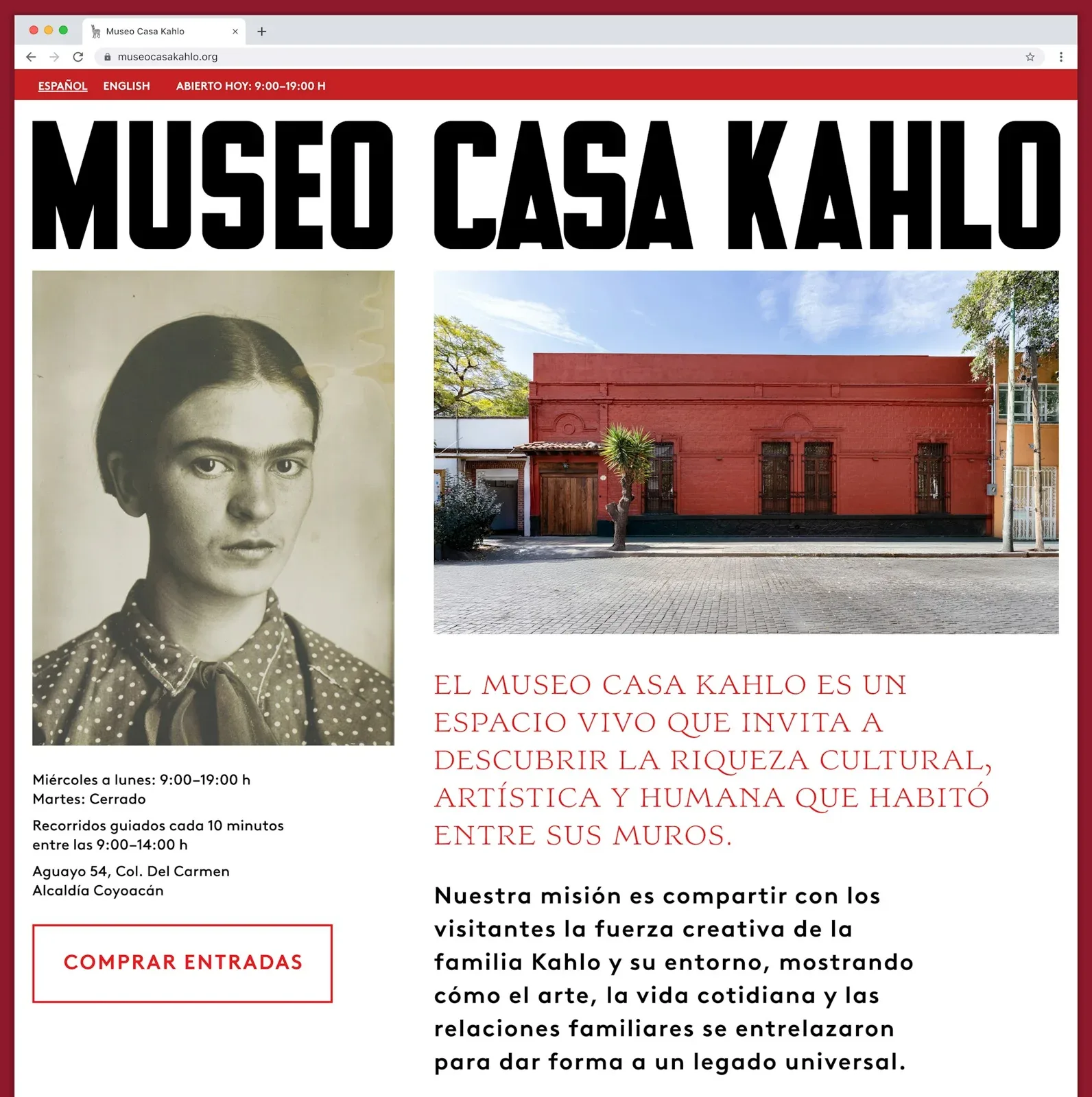 Museo Casa Kahlo网站页面中的馆名、Frida肖像与建筑图