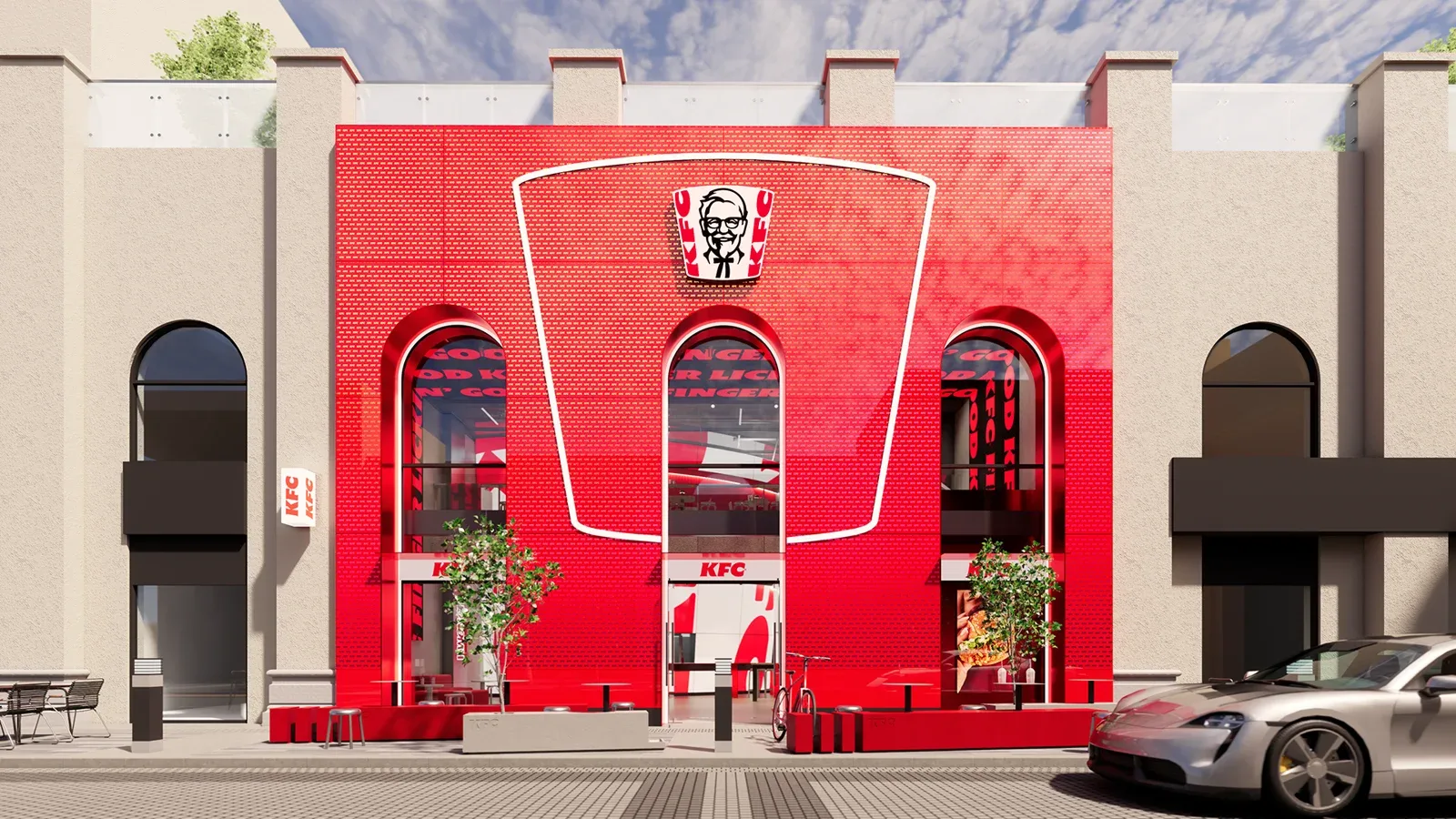 红色KFC门店外立面和入口标志